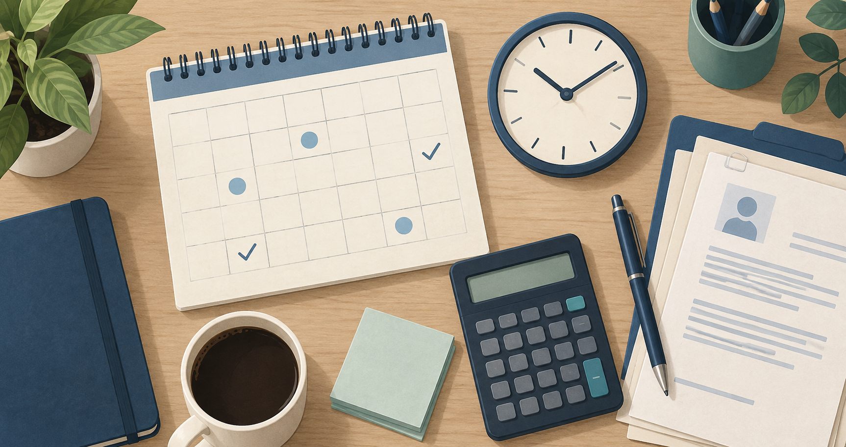 Ilustración de un calendario, un reloj y una calculadora junto a documentos laborales.