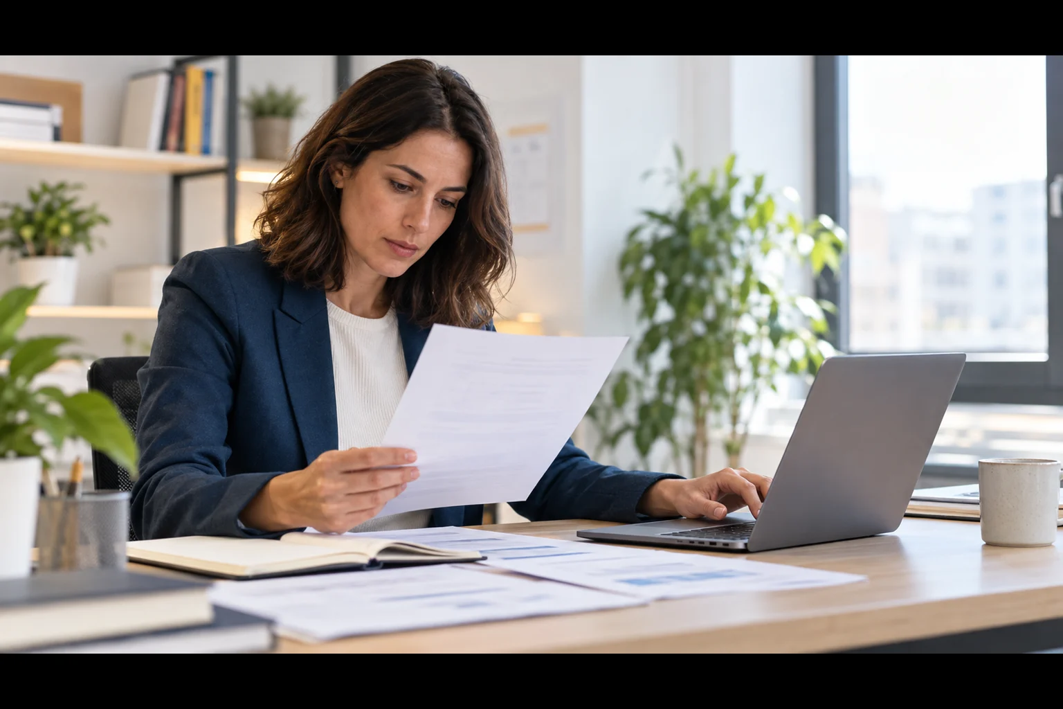 Persona comprobando una ficha de formación y sus datos en un portátil