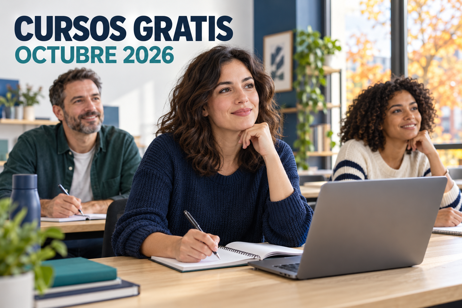 Ilustración de personas adultas aprendiendo en un aula, con el título Cursos gratis, octubre 2026.