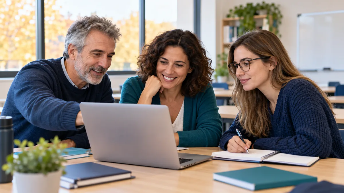 Personas adultas aprendiendo juntas con un portátil en un aula