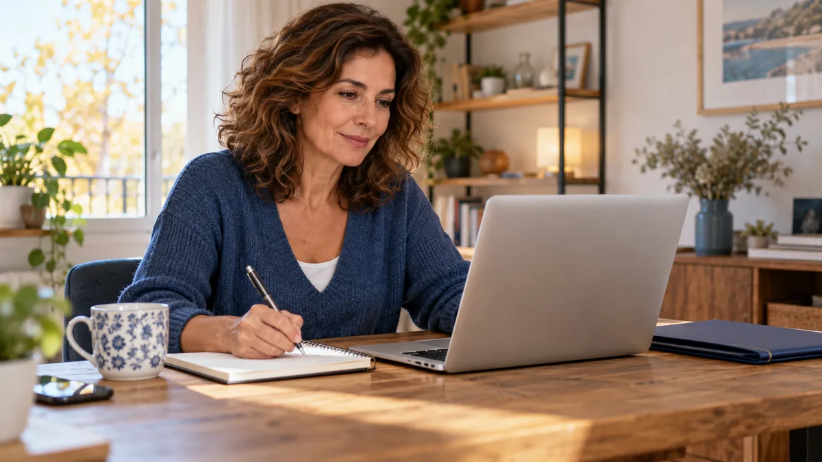 Mujer adulta consultando un portátil y tomando notas en su escritorio